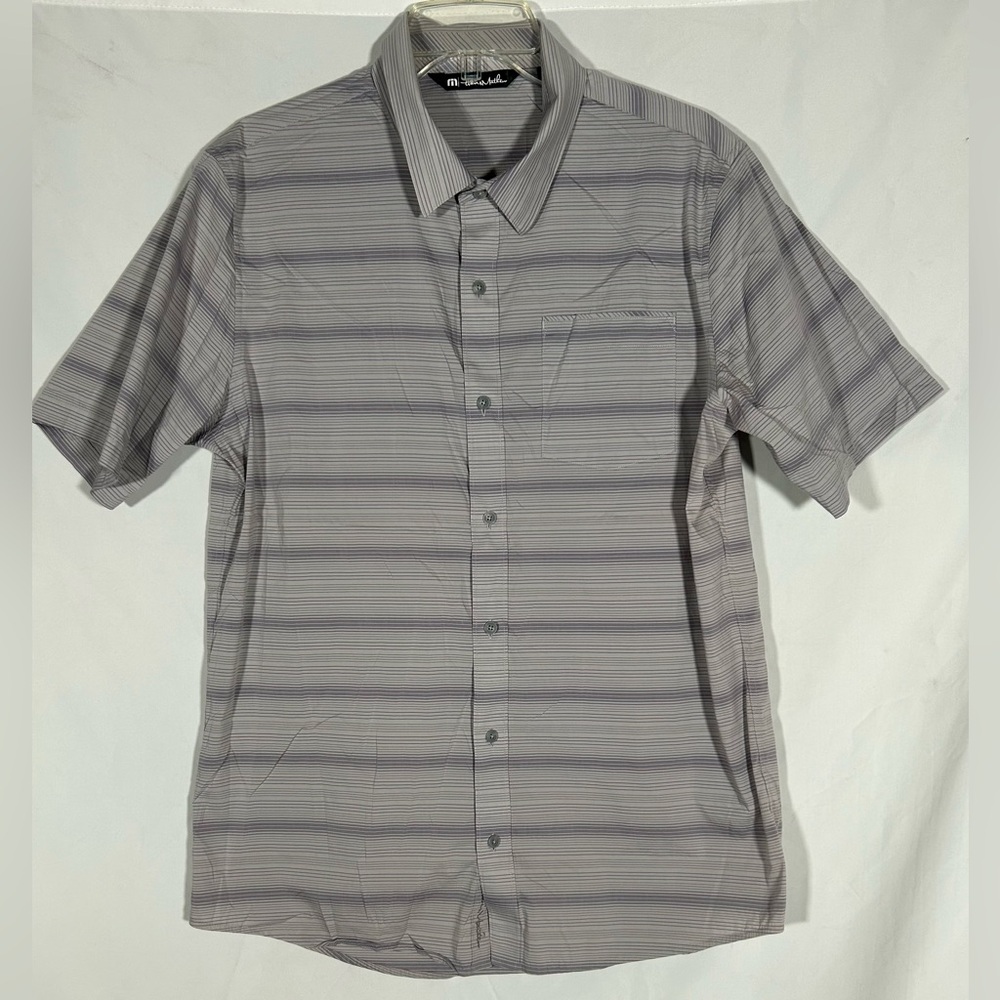 TRAVIS MATHEW GREY CHARCOAL STRIPED BUTTON UP PREPPY GOLF SHIRT MENS LARGE